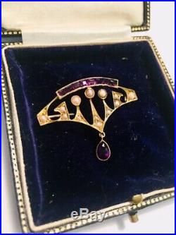 Antique, Edwardian 15ct Gold Brooch, Set With Seed Pearls And Amethysts
