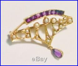 Antique, Edwardian 15ct Gold Brooch, Set With Seed Pearls And Amethysts
