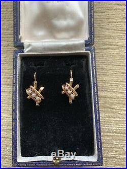 Antique Edwardian 18ct Gold French Earrings Set With 3 Seed Pearls