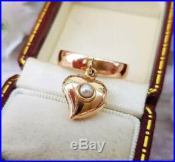 Antique Edwardian 1911 9ct Gold Band Ring with Pearl Set Heart Charm / Size N