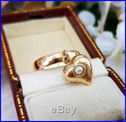 Antique Edwardian 1911 9ct Gold Band Ring with Pearl Set Heart Charm / Size N