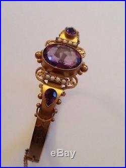 Antique Edwardian 9ct Gold Amethyst & Seed Pearl Set Hinged Bangle