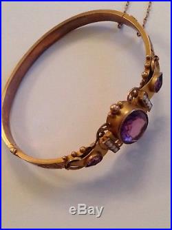 Antique Edwardian 9ct Gold Amethyst & Seed Pearl Set Hinged Bangle