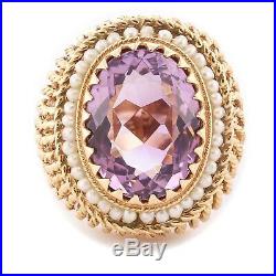 Antique Estate 14k Yellow Gold Large Oval Amethyst Seed Pearl Basket Set Ring