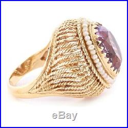 Antique Estate 14k Yellow Gold Large Oval Amethyst Seed Pearl Basket Set Ring