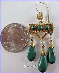 Antique Etruscan 1860s 14k+ Gold Natural Pearl & Malachite Earrings Brooch Suite