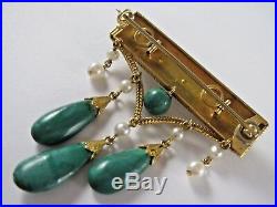 Antique Etruscan 1860s 14k+ Gold Natural Pearl & Malachite Earrings Brooch Suite