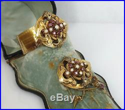 Antique French 1.75ct Ruby & Pearl Enamel & 18K Yellow Gold Bangle & Brooch Set