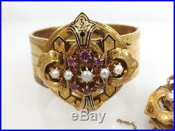 Antique French 1.75ct Ruby & Pearl Enamel & 18K Yellow Gold Bangle & Brooch Set