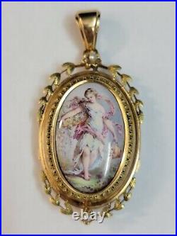 Antique French 18k Gold & Pearlenamel Minature Portrait Of Venus Pendantlocket