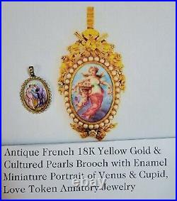 Antique French 18k Gold & Pearlenamel Minature Portrait Of Venus Pendantlocket