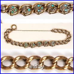 Antique French Bracelet, Seed Pearls and Turquoise set, Heavy Chain Rolled Gold