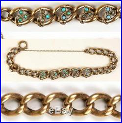 Antique French Bracelet, Seed Pearls and Turquoise set, Heavy Chain Rolled Gold