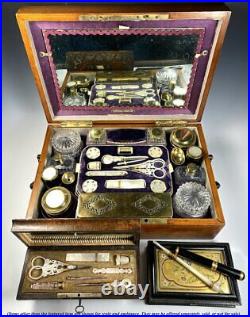 Antique French Palais Royal 18k Gold, Mother of Pearl Sewing Set, Case, Pique