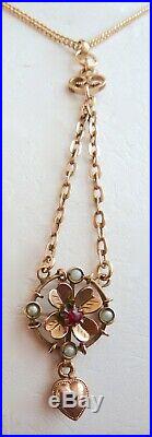 Antique GOLD GF/RG Necklace withGorgeous Flower Drop c1880 Set withRed Stone & Pearl