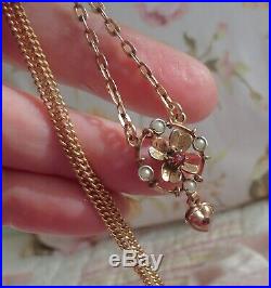 Antique GOLD GF/RG Necklace withGorgeous Flower Drop c1880 Set withRed Stone & Pearl