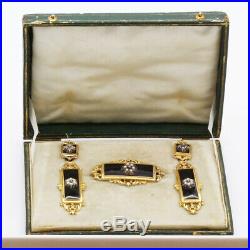 Antique Georgian Earrings Brooch Set 18k Gold Pearls Enamel French Boxed (6089)