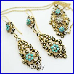 Antique Georgian Earrings Necklace Set Gold Turquoise Pearls Enamel French(6232)