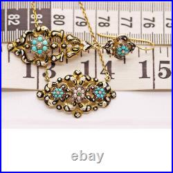 Antique Georgian Earrings Necklace Set Gold Turquoise Pearls Enamel French(6232)