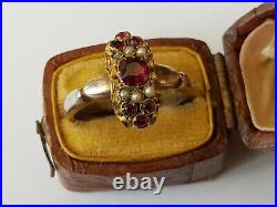 Antique-Georgian-Ornate 15ct Gold/Ruby/Pearl Set Silver Gilt Band Ring-c1830's
