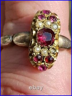Antique-Georgian-Ornate 15ct Gold/Ruby/Pearl Set Silver Gilt Band Ring-c1830's