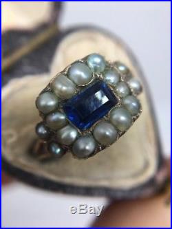 Antique Georgian Pearl And Blue Stone Memorial Ring Set In Yellow Gold