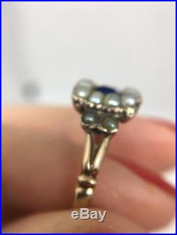 Antique Georgian Pearl And Blue Stone Memorial Ring Set In Yellow Gold