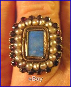 Antique Georgian Setting RUBY, PEARL & OPAL RING in Vintage 10K Gold Band