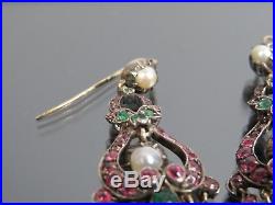 Antique Georgian Silver & Gold Set Diamond Ruby Emerald & Pearl Earrings C. 1780