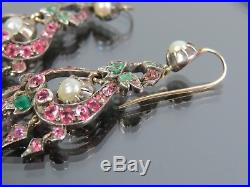 Antique Georgian Silver & Gold Set Diamond Ruby Emerald & Pearl Earrings C. 1780