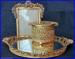 Antique Gilded Ladies Dresser Toilette Set Tray Frame Mirror Jar Pearls (840)
