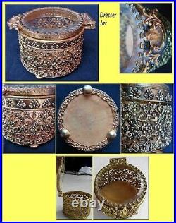 Antique Gilded Ladies Dresser Toilette Set Tray Frame Mirror Jar Pearls (840)