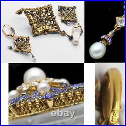 Antique Giuliano Earrings Pendant Set Diamonds Natural Pearls Enamel Gold (6341)
