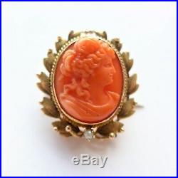 Antique Gold and Coral Cameo Brooch 15ct Gold Set With Pearl 2.5cm