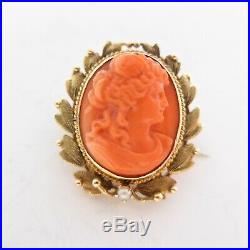 Antique Gold and Coral Cameo Brooch 15ct Gold Set With Pearl 2.5cm
