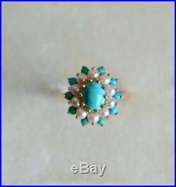 Antique Hallmarked 9ct Gold Daisy Cluster Setting Turquoise & Seed Pearl Ring