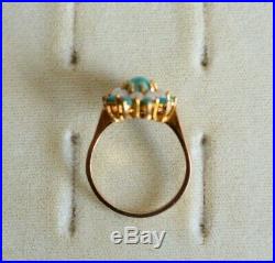 Antique Hallmarked 9ct Gold Daisy Cluster Setting Turquoise & Seed Pearl Ring