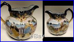 Antique Hand Painted Porcelain Gold Beaded Moriage Scallops Footed Tea Set