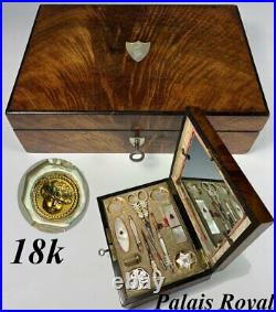 Antique Palais Royal French Sewing Box, 18k Gold, Mother of Pearl Tools, Emerald