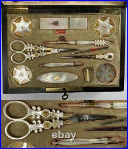 Antique Palais Royal French Sewing Box, 18k Gold, Mother of Pearl Tools, Emerald