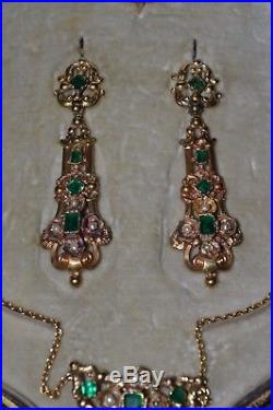 Antique Parure French Georgian Gold Set Emerald Pearl Necklace Earrings Brooch
