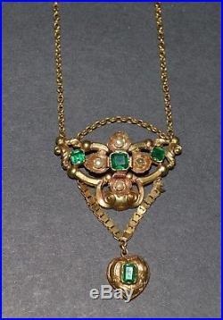Antique Parure French Georgian Gold Set Emerald Pearl Necklace Earrings Brooch