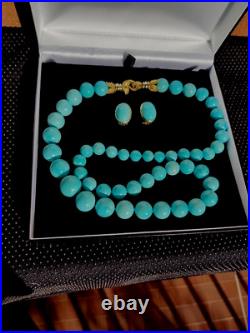 Antique Persian Turquoise Round Bead Necklace Set 18'' 14K Yellow Gold Finish