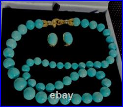 Antique Persian Turquoise Round Bead Necklace Set 18'' 14K Yellow Gold Finish