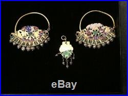 Antique Qajar Persian lot set 18K gold pair of earrings and a pendant (m2171)