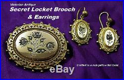 Antique Secret Locket Brooch & Earrings 9ct Gold Victorian c1880s Beautiful Set