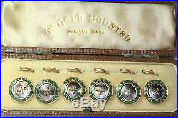 Antique Set Of 6 9ct Gold Mother Of Pearl & Enamel Vest Buttons In Original Case