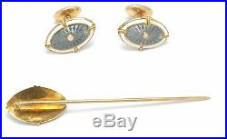 Antique Solid 14K Yellow Gold Pearl Enamel Cufflinks and Stick Pin Set 9.2 grams