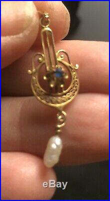 Antique Victorian 10K Gold Blue Set Seed Pearl Lavalier Pendant Makers Marked
