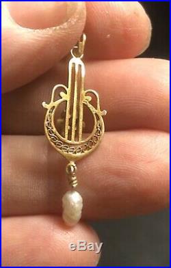 Antique Victorian 10K Gold Blue Set Seed Pearl Lavalier Pendant Makers Marked